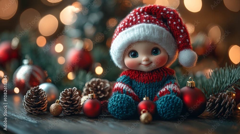 Smiling christmas doll sitting near pine cones and baubles Smiling christmas doll sitting near pine cones and baubles