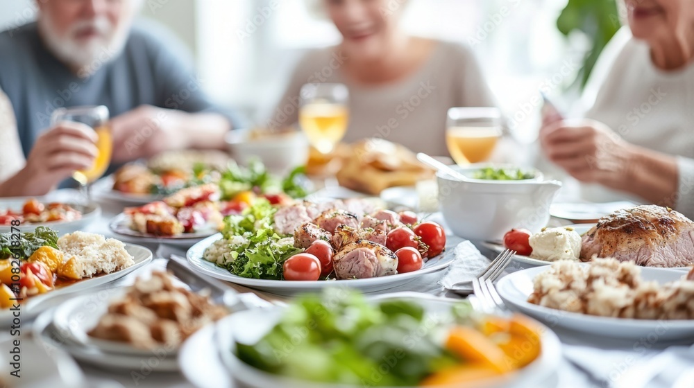 Festive Family Feast with Delicious Roast and Fresh Salads. Generative ai Festive Family Feast with Delicious Roast and Fresh Salads. Generative ai