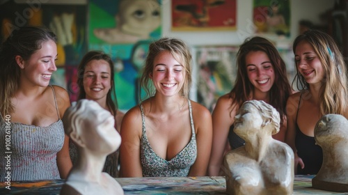 Joyful Artistic Gathering: Young Women in Creative Studio with Sculptures. Generative ai