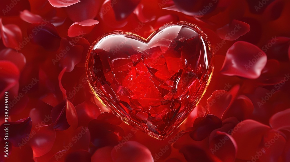 Glowing red heart surrounded by rose petals romantic setting digital art intimate atmosphere close-up love concept Glowing red heart surrounded by rose petals romantic setting digital art intimate atmosphere close-up love concept
