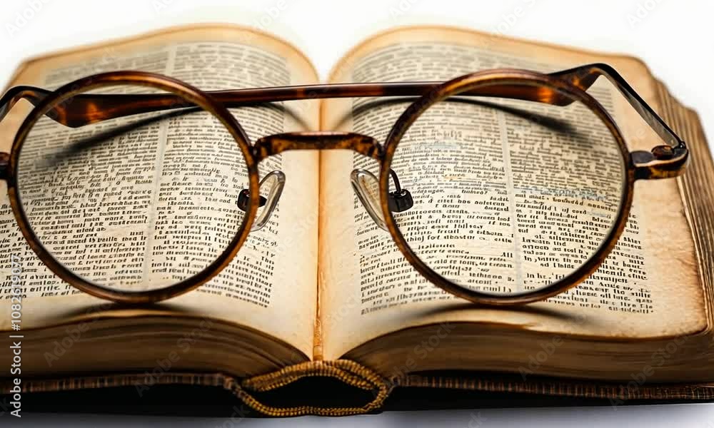 A pair of round glasses rests on an open book, symbolizing reading and knowledge. A pair of round glasses rests on an open book, symbolizing reading and knowledge.