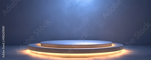 Empty round podium illuminating with warm yellow light on blue background