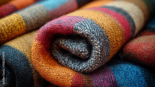 A collection of soft, vibrant blankets is rolled up and neatly arranged, showcasing a blend of warm colors, ideal for cozy nights or decorative accents.