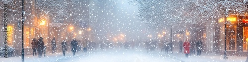 Snowy city scene with people in blizzard, warm lights glowing photo