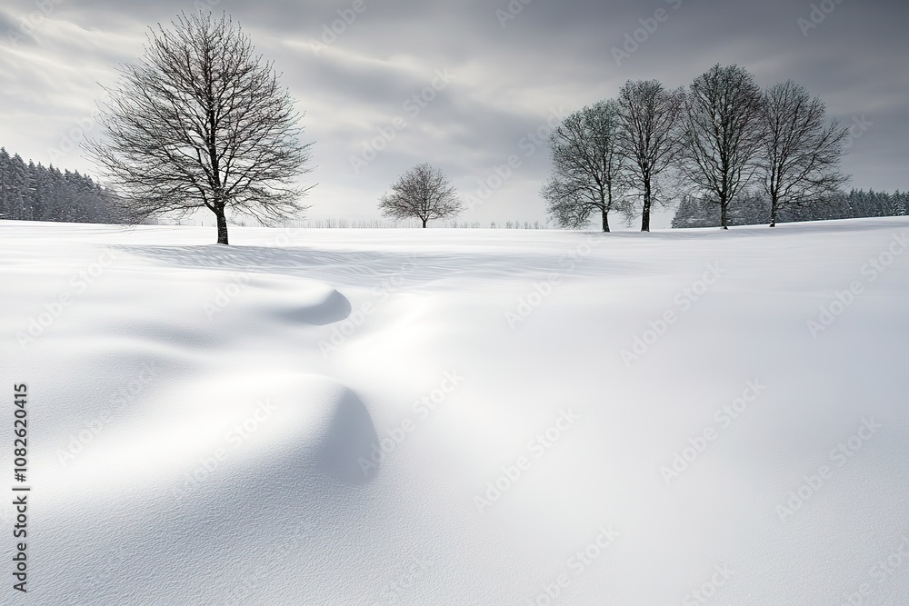 Winter landscape with snow-covered trees and smooth snowdrifts Winter landscape with snow-covered trees and smooth snowdrifts
