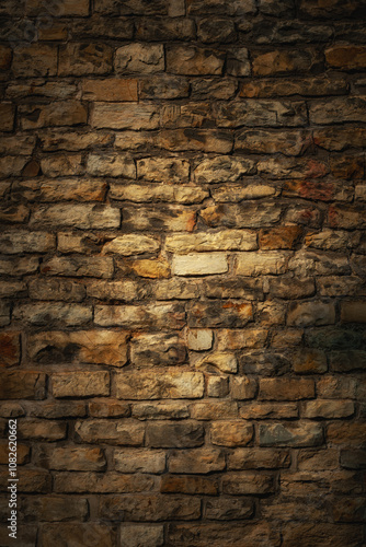 dark beige background from ancient weathered brick wall of antique castle with light gradient spot in the center. artistic photo for vertical moody backdrop or decoration