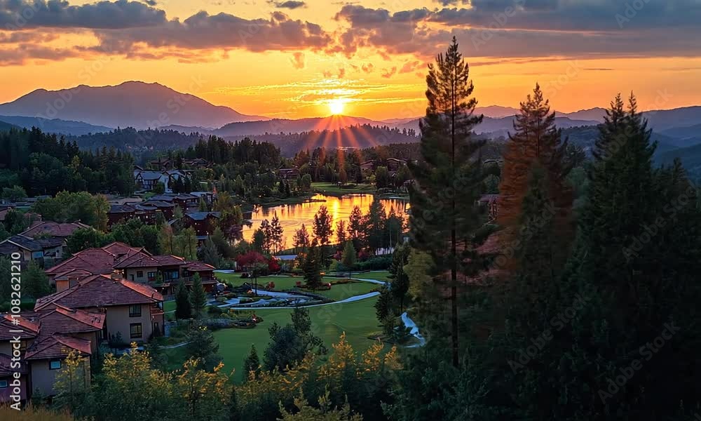 A scenic sunset over a tranquil lake surrounded by homes and lush greenery. A scenic sunset over a tranquil lake surrounded by homes and lush greenery.