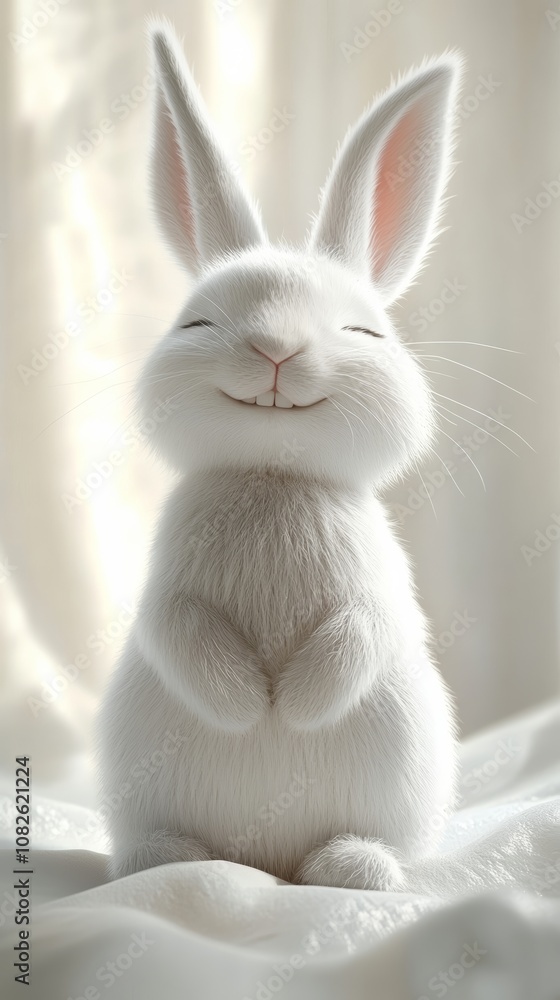 Fototapeta premium Cute white fluffy bunny smiling and sitting on soft blanket