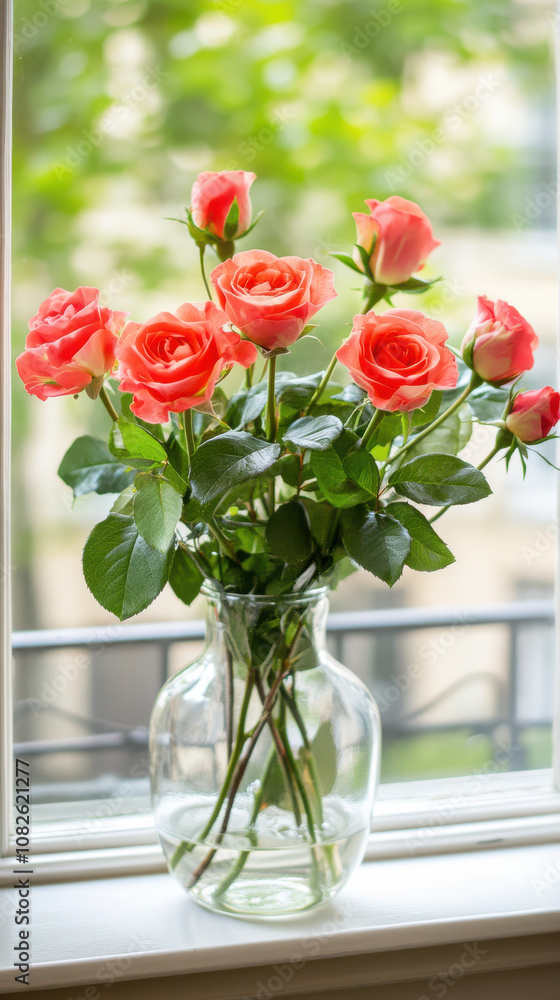 beautiful bunch of pink roses in clear vase by open window, surrounded by lush greenery, creating serene and refreshing atmosphere beautiful bunch of pink roses in clear vase by open window, surrounded by lush greenery, creating serene and refreshing atmosphere