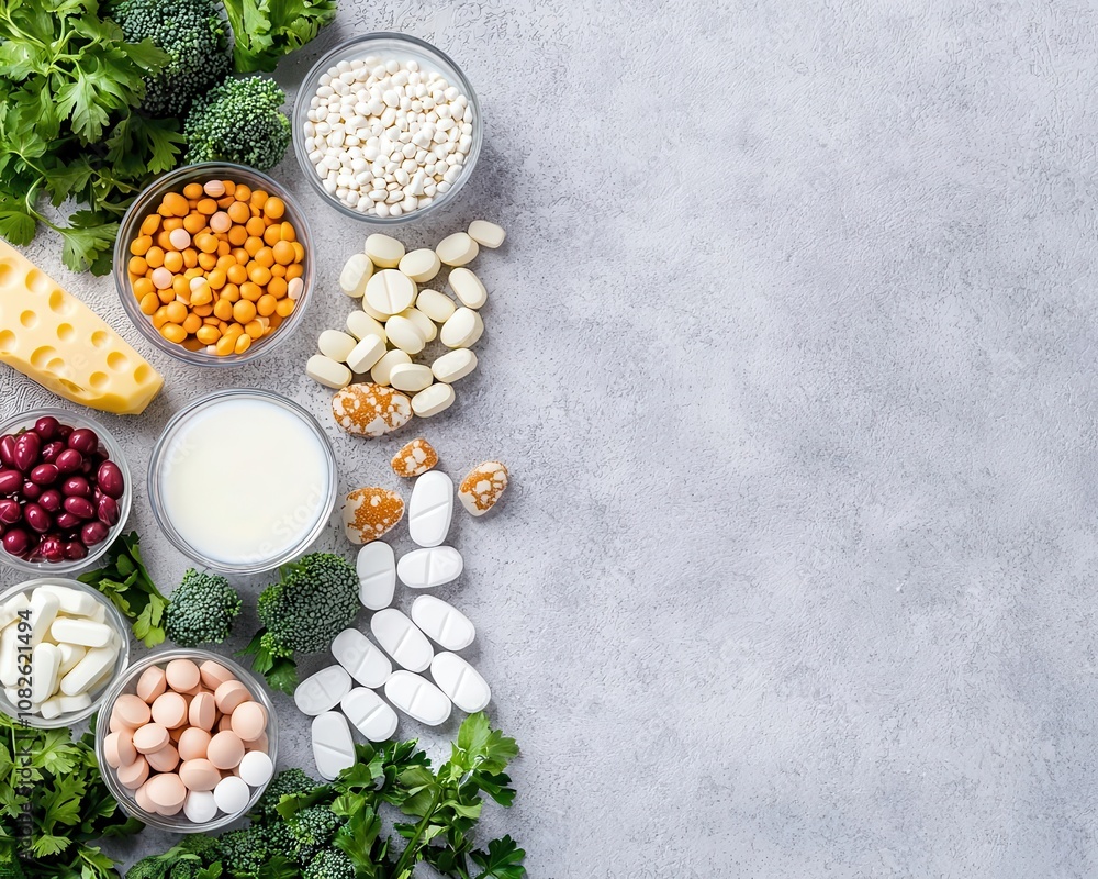 Flatlay of calcium tablets with dairy products like milk, cheese, and yogurt, emphasizing bone health Flatlay of calcium tablets with dairy products like milk, cheese, and yogurt, emphasizing bone health