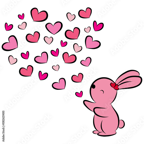 Vector character design banner drawing, rabbit, cute animal with red and pink hearts blowing for Valentine's Day, doodle cartoon style.