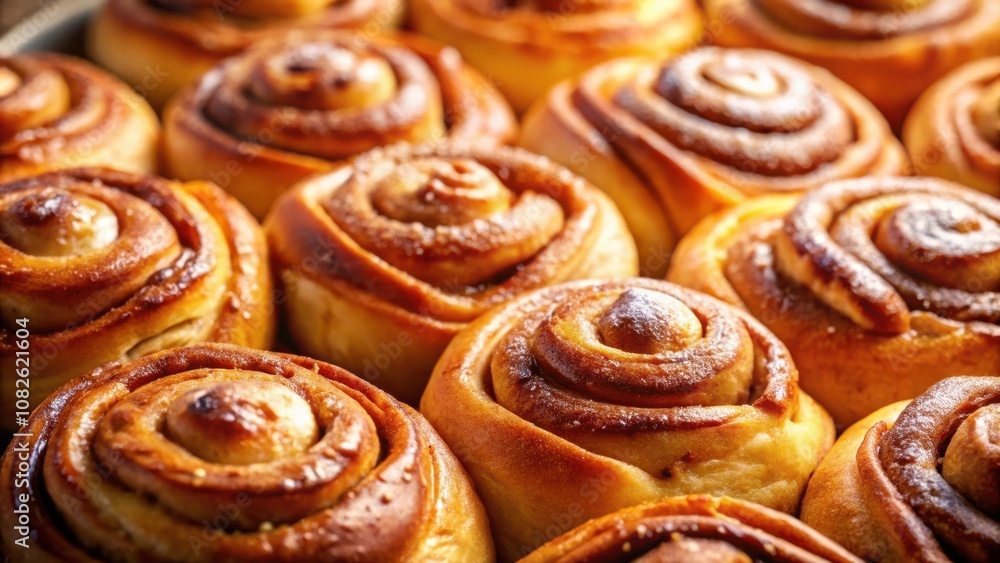 A close-up shot of a tray of freshly baked cinnamon rolls, the golden-brown swirls dusted with powdered sugar, their inviting aroma filling the air A close-up shot of a tray of freshly baked cinnamon rolls, the golden-brown swirls dusted with powdered sugar, their inviting aroma filling the air