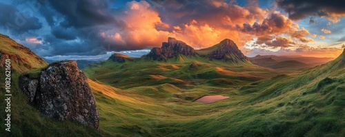 Isle of skye quiraing mountains glowing during epic colorful sunset