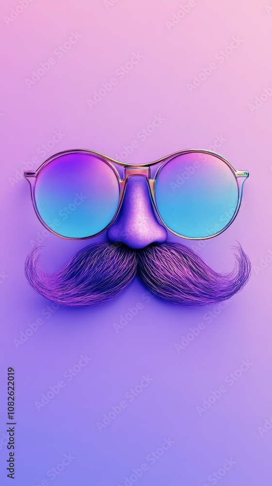 Fototapeta premium Funny purple mustache and sunglasses on gradient background