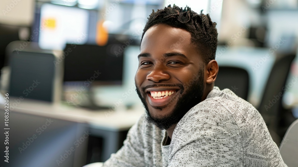 Happy entrepreneur in a tech-savvy office environment