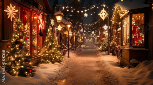 Wallpaper Mural Snowy street lined with twinkling lights & festive trees. Torontodigital.ca