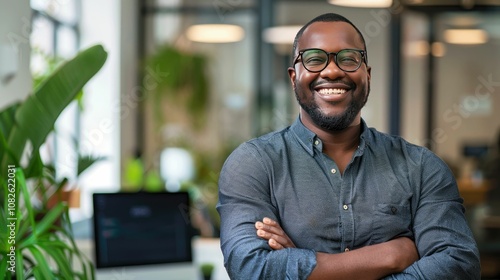 Happy entrepreneur in a tech-savvy office environment