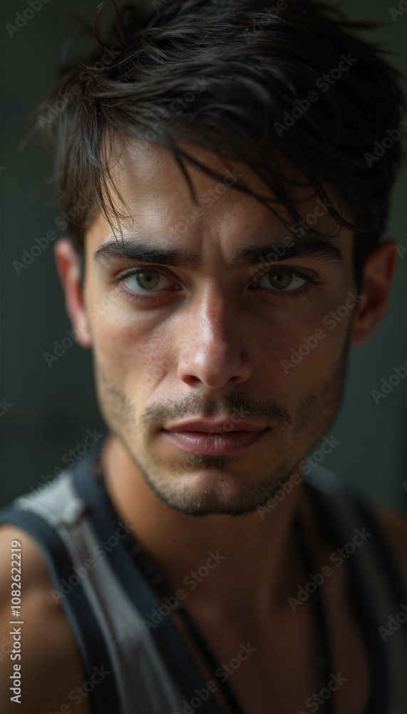Intense portrait of a young man with striking features, captured in a dimly lit indoor space during a quiet moment Intense portrait of a young man with striking features, captured in a dimly lit indoor space during a quiet moment