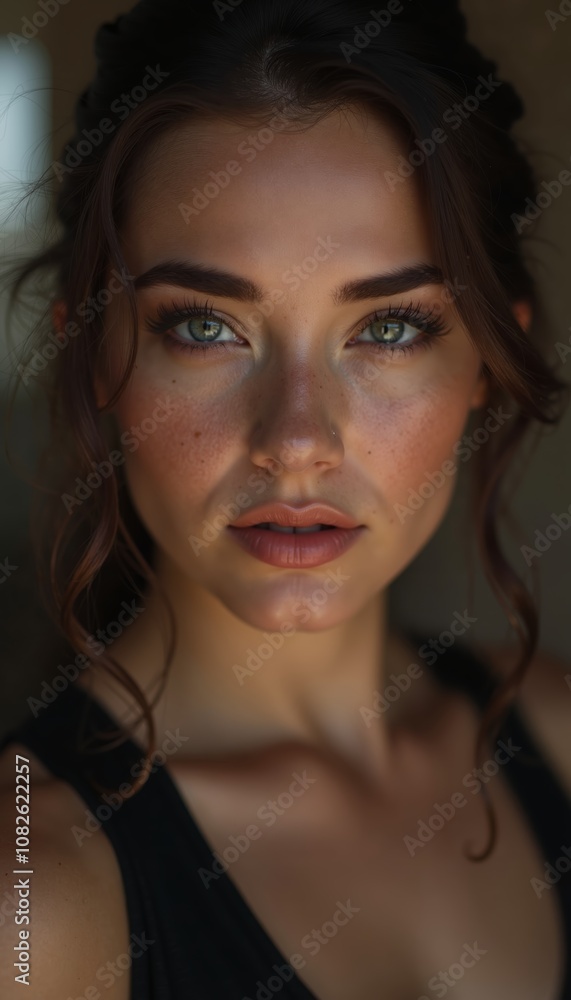 A close-up portrait of caucasian woman with striking blue eyes and natural makeup in soft light captured indoors during the afternoon A close-up portrait of caucasian woman with striking blue eyes and natural makeup in soft light captured indoors during the afternoon