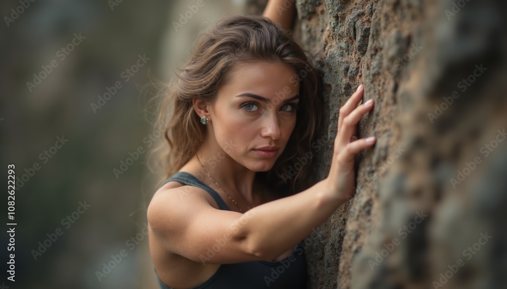 A climber focuses intently while scaling a rugged rock face during a bright afternoon in the mountains A climber focuses intently while scaling a rugged rock face during a bright afternoon in the mountains