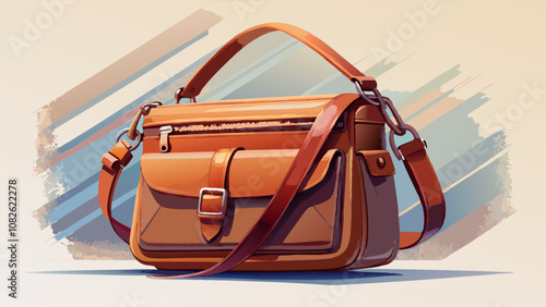Women's brown leather shoulder bag with zippers and pockets, product photo on a white background