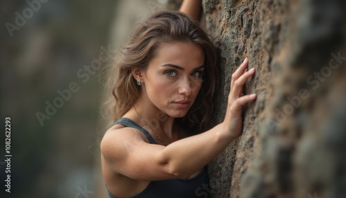 A climber focuses intently while scaling a rugged rock face during a bright afternoon in the mountains