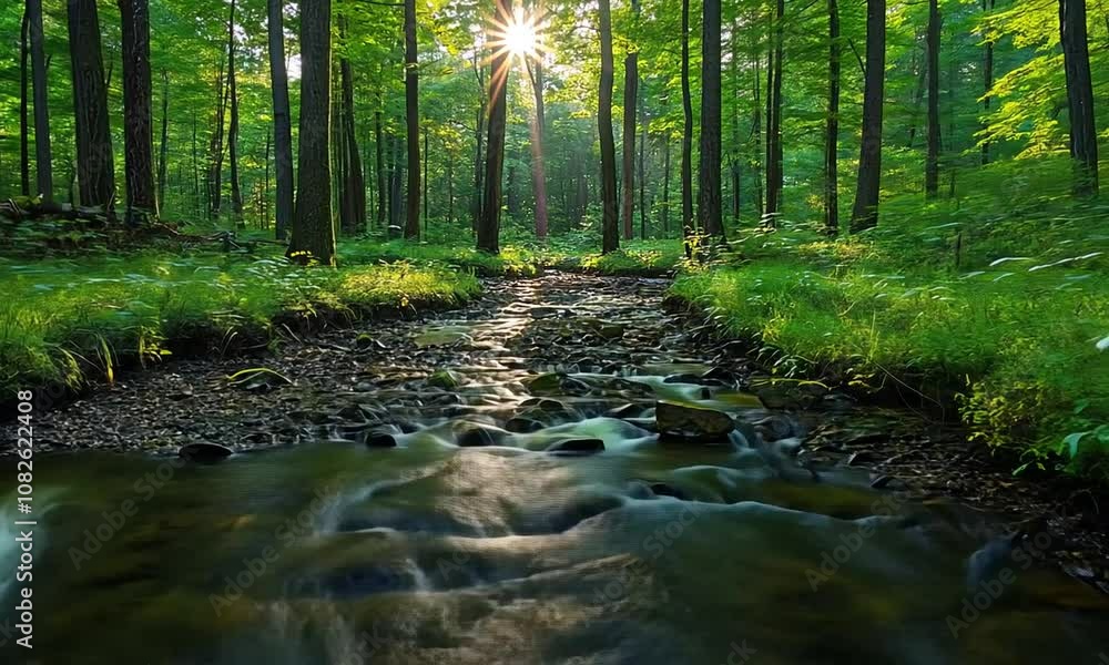 A serene forest scene with a flowing stream and sunlight filtering through the trees. A serene forest scene with a flowing stream and sunlight filtering through the trees.