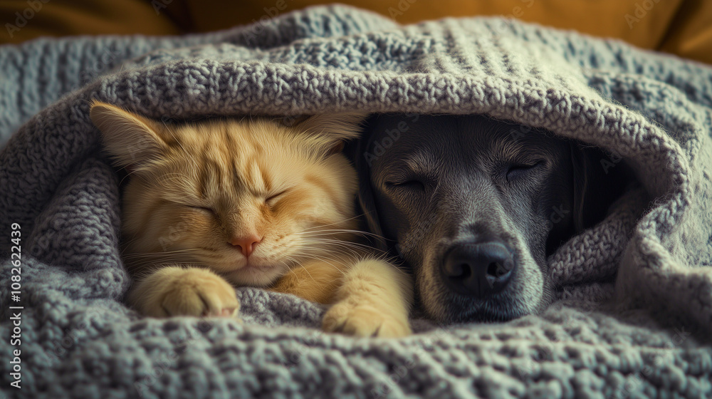Warm and cozy cat and dog snuggled under a soft blanket, enjoying a peaceful nap together in perfect harmony Warm and cozy cat and dog snuggled under a soft blanket, enjoying a peaceful nap together in perfect harmony