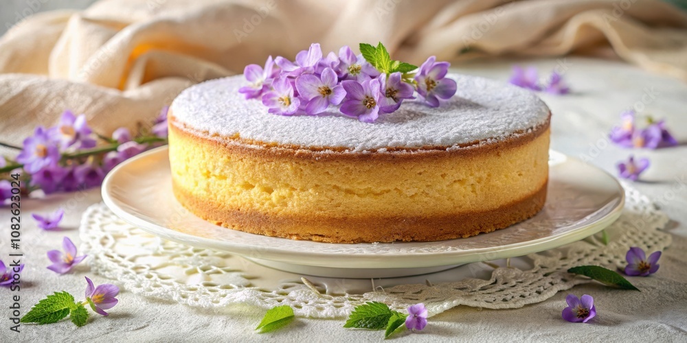 A delicate and fluffy cake dusted with powdered sugar and decorated with a sprig of vibrant purple blossoms, resting on a lace doily on a crisp white table cloth A delicate and fluffy cake dusted with powdered sugar and decorated with a sprig of vibrant purple blossoms, resting on a lace doily on a crisp white table cloth