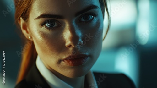 Corporate Woman: Intense Gaze, Stylish Attire