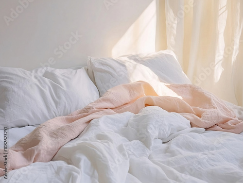 Cozy Bed in Morning Sunlight: Concept of Home Comfort, Relaxation, Serenity, Calm Bedroom Ambiance, Warm Lighting