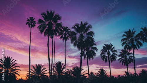 silhouette tropical palm tree with sun light on sunset sky. Copy space. Summer vacation and travel concept.