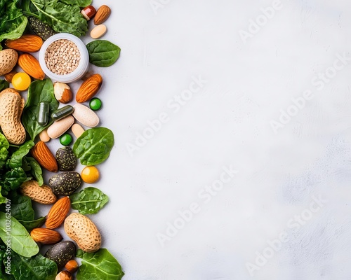 Flatlay of multivitamins surrounded by nuts, seeds, and leafy greens, emphasizing balanced nutrition photo