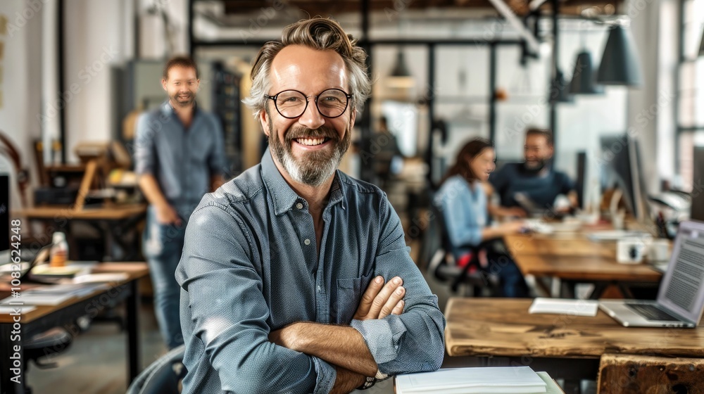 Happy entrepreneur in a tech-savvy office environment Happy entrepreneur in a tech-savvy office environment