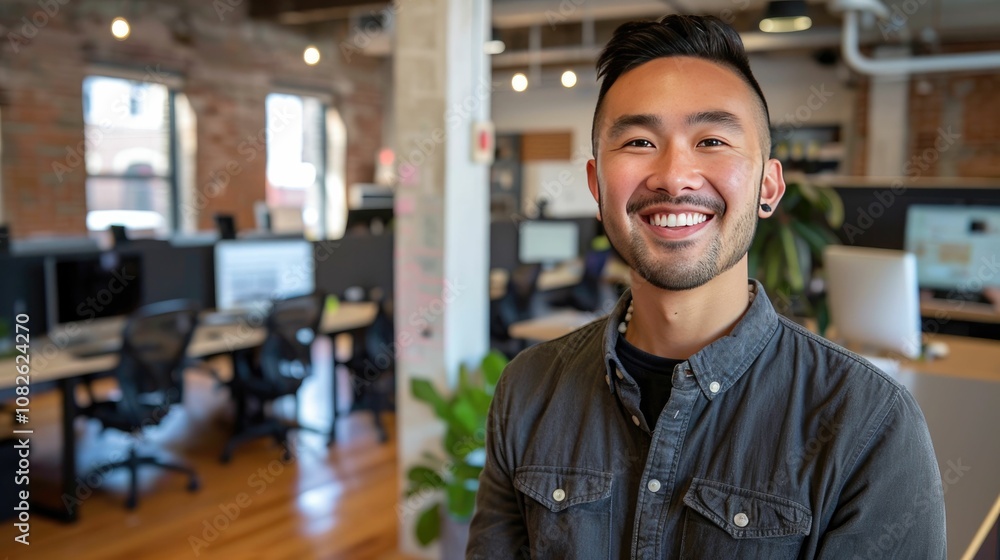 Happy entrepreneur in a tech-savvy office environment Happy entrepreneur in a tech-savvy office environment