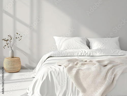 Minimalist Bedroom Interior Design with Cozy Bed, Soft Natural Light, and Simple Decor Elements – Concept of Tranquility, Calm, and Comfort in a Modern Home