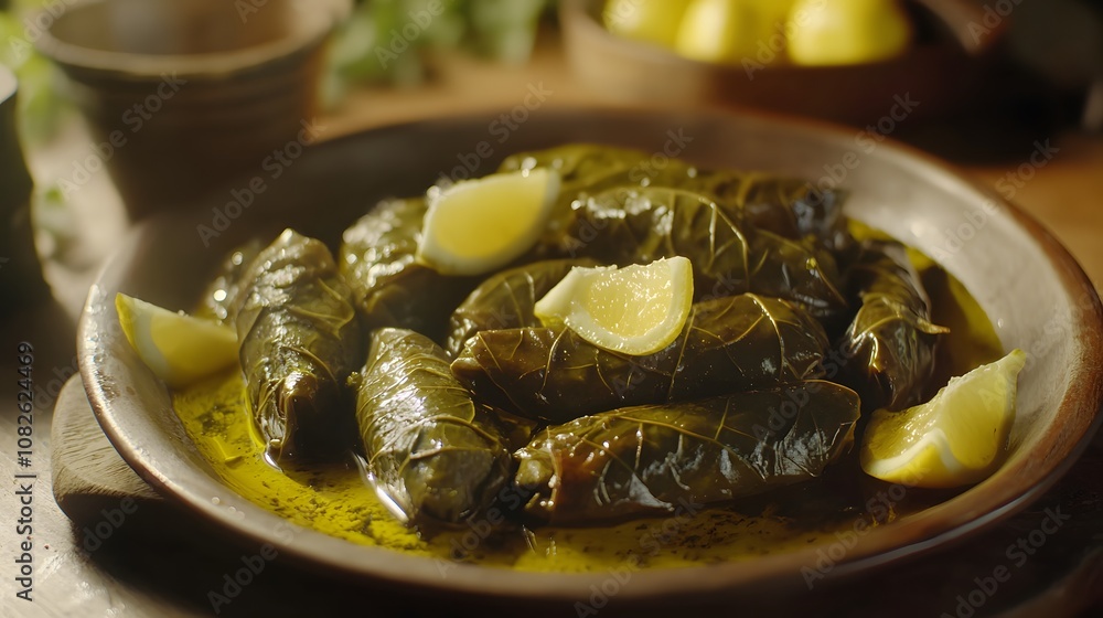 A sharp, detailed shot of a plate of stuffed grape leaves, drizzled with olive oil and garnished with lemon wedges. Cinematic Scene, 4k resolution, cinematic scene A sharp, detailed shot of a plate of stuffed grape leaves, drizzled with olive oil and garnished with lemon wedges. Cinematic Scene, 4k resolution, cinematic scene