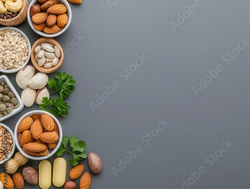 Flatlay of zinc tablets with nuts, seeds, and whole grains, highlighting immunityboosting nutrition photo