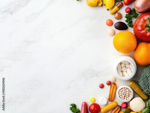 Flatlay of multivitamins with various colorful fruits and vegetables, highlighting balanced nutrition and wellness