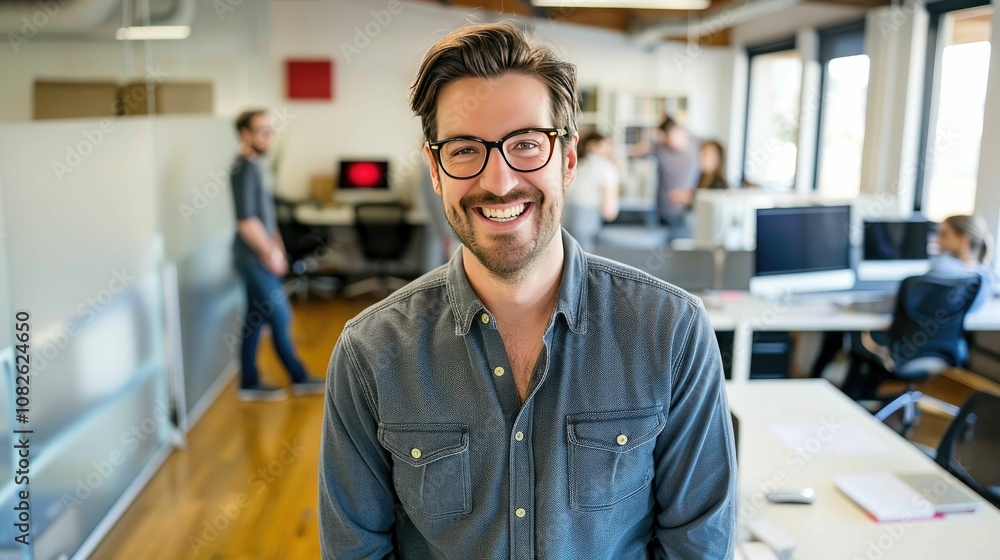 Happy entrepreneur in a tech-savvy office environment Happy entrepreneur in a tech-savvy office environment