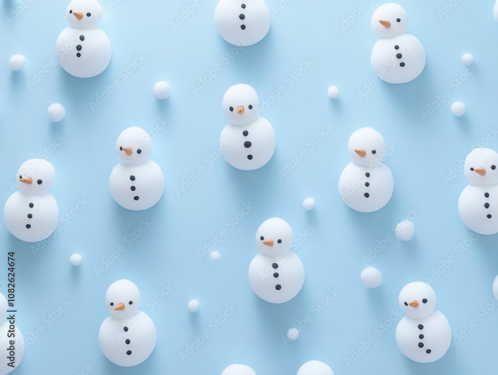 Minimalist snowmen silhouettes in white on a soft blue background