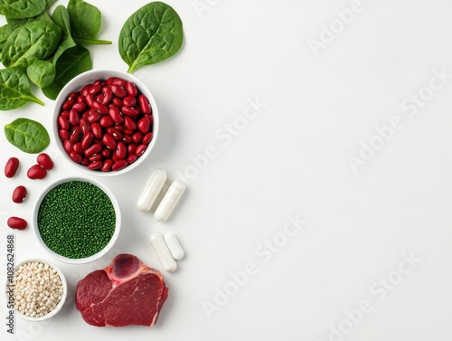 Flatlay of iron supplements with ironrich foods like beans, red meat, and spinach, emphasizing energy and vitality photo