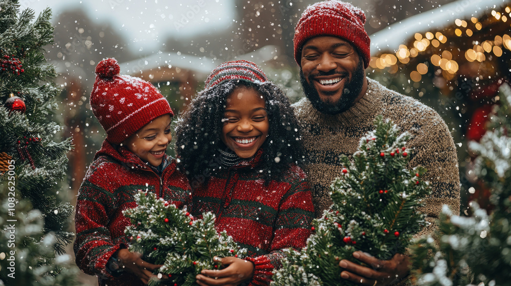 A father and his two children smile happily while choosing Christmas trees amid falling snow in a vibrant winter market