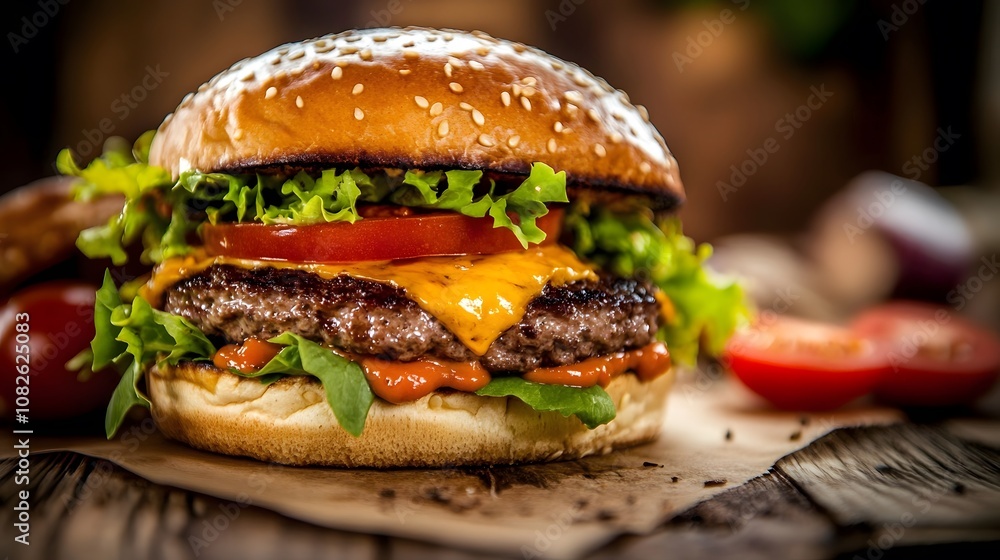 A close-up of a classic American cheeseburger with melted cheese, lettuce, tomato, and a toasted bun, showcasing juicy, detailed textures. Cinematic Scene, 4k resolution, cinematic scene A close-up of a classic American cheeseburger with melted cheese, lettuce, tomato, and a toasted bun, showcasing juicy, detailed textures. Cinematic Scene, 4k resolution, cinematic scene