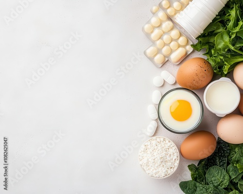 Flatlay of vitamin D and calcium tablets next to eggs, dairy products, and leafy greens, focusing on bone strength photo