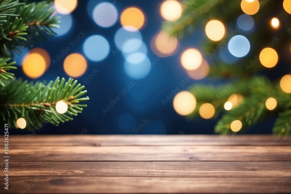 empty christmas table background with christmas tree out of focus for product display montage empty christmas table background with christmas tree out of focus for product display montage