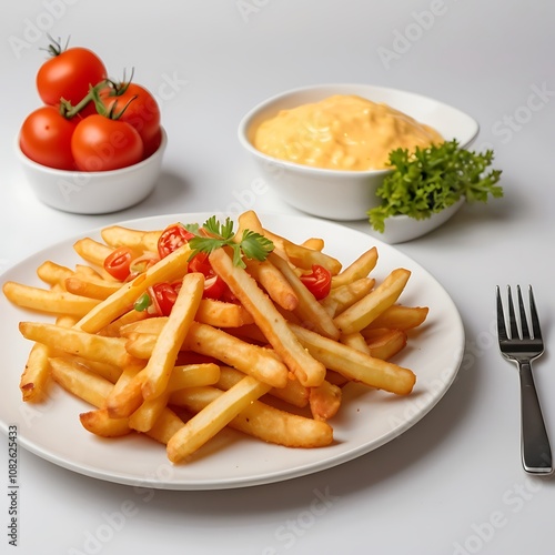 Delicious French fries with cheese tomato fried Served