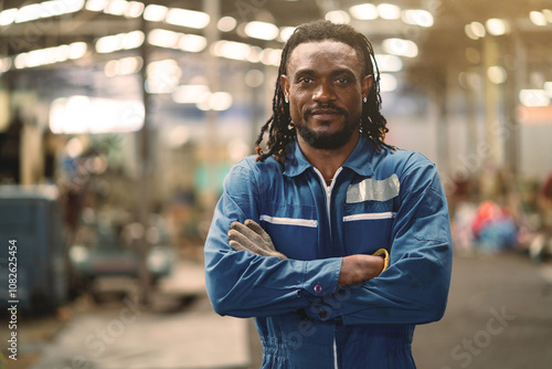Фотография A man with dreadlocks is wearing a blue jumpsuit and is standing in a factory