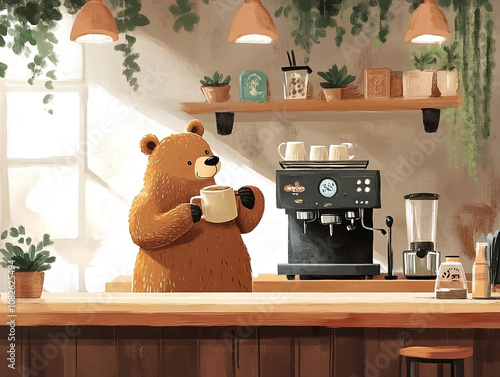 Cozy Café Scene with Bear Enjoying Coffee, Concept of Whimsical Hospitality, Natural Ambiance and Unique Customer Experience, Emphasizing Warm Lighting, Plant Decor, and Modern Coffee Equipment