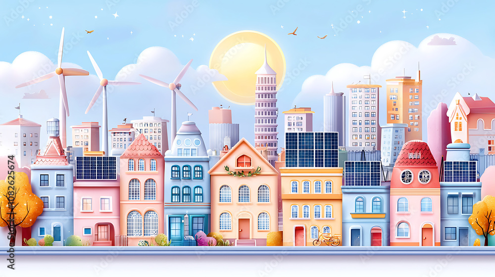 vibrant cityscape featuring colorful buildings, large wind turbines, and solar panels under bright sun. This modern scene showcases sustainable energy in urban environment vibrant cityscape featuring colorful buildings, large wind turbines, and solar panels under bright sun. This modern scene showcases sustainable energy in urban environment